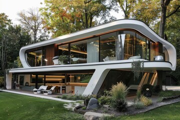 Aufkleber - Modern architecture showcases fluid design elements in a spacious interior with natural light in the late afternoon