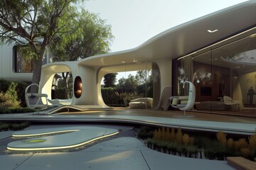 Aufkleber - Modern architecture showcases fluid design elements in a spacious interior with natural light in the late afternoon