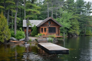 Wall Mural - Quiet lakeside cabin with wooden boats at dawn reflecting in tranquil waters surrounded by lush greenery