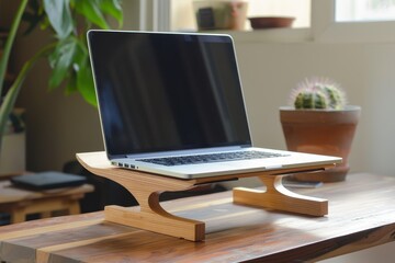 Poster - Laptop stand on a wooden table with plants in a bright indoor setting enhances workspace ergonomics