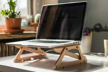 Poster - Laptop stand on a wooden table with plants in a bright indoor setting enhances workspace ergonomics