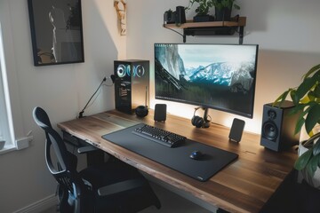 Poster - Home office setup features dual monitors on a wooden desk with a gaming chair and a sleek computer tower in a bright modern room
