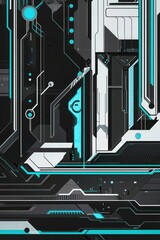 Poster - Flat cybernetic backdrop in black and blue with intricate patterns and lines. Generative AI