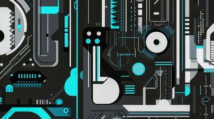 Poster - Futuristic cybernetic backdrop in black and blue with abstract patterns. Generative AI