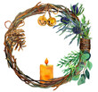 © Nadia Stupina - Watercolor drawn twigs wreath with golden bells, pine cone on rope, evergreen plants and candle. Holiday round frame in hand-made style. Cottage core aesthetic background. Farm core style template.