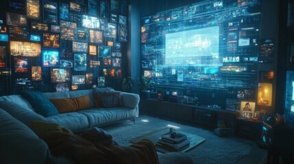 Poster - A stylish living room features a comfortable couch and a large screen projecting dynamic visuals.