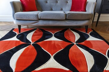 Aufkleber - Cozy living room featuring a modern couch and a vibrant geometric area rug in a bright, urban apartment setting