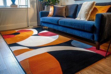 Poster - Cozy living room featuring a modern couch and a vibrant geometric area rug in a bright, urban apartment setting