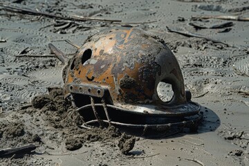 Old cricket helmet lying abandoned in dusty ground after match near stadium on sunny day in rural area