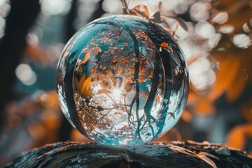 Poster - Creative glass sphere reflecting autumn foliage and sunlight in a serene woodland setting during a sunny afternoon
