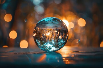 Poster - Creative glass sphere reflecting autumn foliage and sunlight in a serene woodland setting during a sunny afternoon