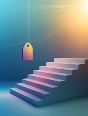 Poster - A unique composition shows stairs ascending towards a colorful tag suspended in space, illuminated by soft, warm lighting. Generative AI