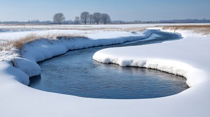 Canvas Print - Serpentine stream in snowy winter landscape.