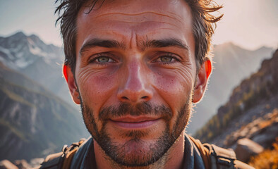 Poster - A man with a beard and glasses is smiling at the camera. The mountains in the background create a sense of adventure and excitement