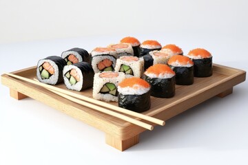 Canvas Print - A beautifully arranged platter of sushi rolls featuring salmon, cucumber, and orange roe, ready to be enjoyed.