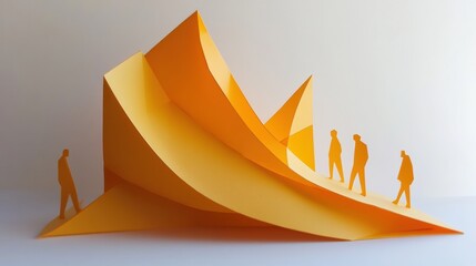 Fototapete - An artistic paper creation features abstract yellow shapes and silhouettes walking along a dynamic, curvaceous terrain in a minimalist style. Generative AI