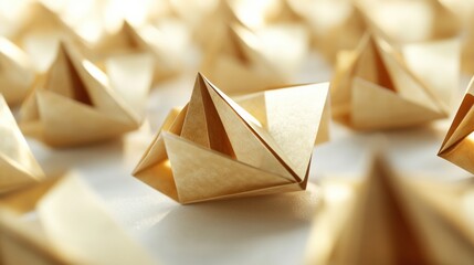 Fototapete - Golden origami boats crafted from paper are arranged beautifully on a light background, showcasing creativity during a design event. Generative AI