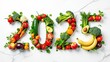 © Ksu - numbers 2025 made of different vegetables and fruits, white background, top view, christmas, healthy lifestyle, new year