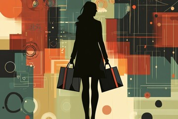 Poster - A silhouette stands against a vibrant, abstract background while holding shopping bags, symbolizing contemporary shopping experiences and trends. Generative AI