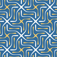 Wall Mural - Seamless abstract geometric pattern with a decorative design of thin yellow and white lines on a blue background. Elegant and modern style. Vector illustration.