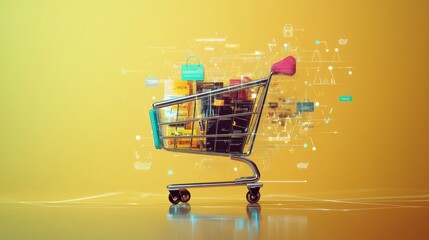 Fototapete - Geometric shapes and smooth lines create an abstract representation of a shopping cart, showcasing vibrant colors and dynamic movement. Generative AI