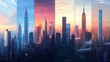 © Rauf - Cityscapes with skyscrapers and business districts at different times: day, night, sunrise, sunset. Vector illustrations.