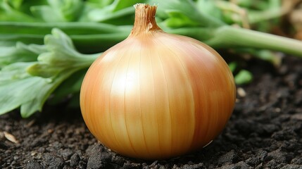 Wall Mural - A vibrant and fresh onion with golden-brown skin sitting on rich, dark soil among green leaves, symbolizing the growth of natural produce