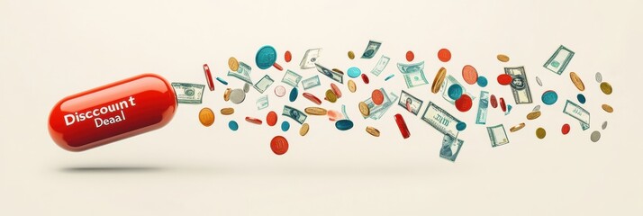 Poster - A large red capsule labeled with discount deal releases an array of cash, coins, and colorful tokens, symbolizing financial savings. Generative AI