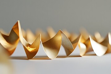 Fototapete - Intricate golden paper curls arranged in a wave pattern, showcasing their shimmering surfaces and soft shadows on a light backdrop. Generative AI