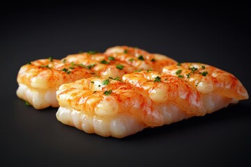 Wall Mural - Delicious shrimp dish garnished with herbs against a sleek black background.