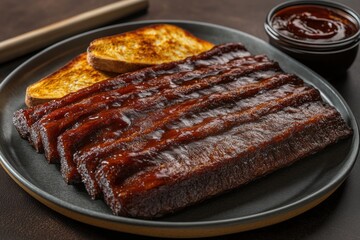 Canvas Print - Delicious BBQ ribs glazed with sauce, served with toasted bread and a side of barbecue sauce.