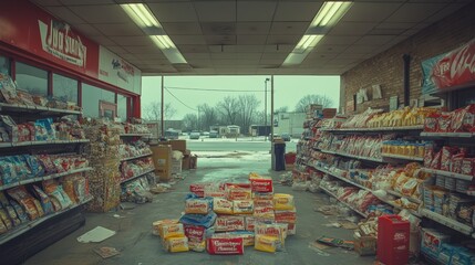 Wall Mural - A snowy, deserted grocery store exterior holds scattered assortments of colorful snacks and bags, with a desolate, wintery, and nostalgic atmosphere