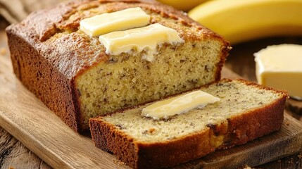 Wall Mural - Deliciously Moist Banana Bread with Butter Slices on Wooden Board Surrounded by Ripened Bananas and Natural Rustic Setting