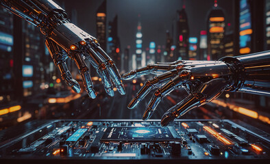 Aufkleber - Two robotic hands are touching a computer screen. Concept of technology and innovation, as well as the idea of human-like machines interacting with the digital world
