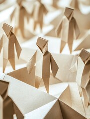 Fototapete - Folded paper figures stand amidst an intricate, textured backdrop, showcasing creativity and craftsmanship in a unique artistic arrangement. Generative AI