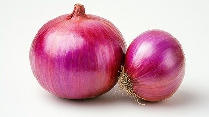 Wall Mural - A close-up view presenting two red onions placed on a white background, showcasing their vibrant colors and smooth textures in a minimalist setting