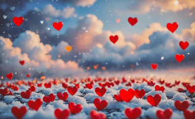 Poster - A field of red hearts is scattered across a snowy landscape. Concept of love and warmth, as the hearts are a symbol of affection and care. The snow-covered ground adds a touch of serenity