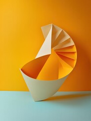 Fototapete - A unique paper sculpture combines white and orange elements, beautifully arranged against a bright orange and blue backdrop. Generative AI