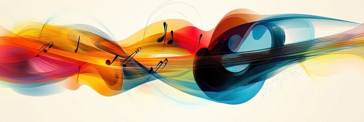 Poster - Dynamic sound waves flow seamlessly, intermingling musical notes and instruments in vivid colors that evoke the essence of music. Generative AI