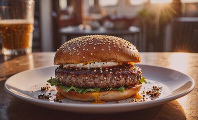 Poster - A hamburger with cheese and mustard on a white plate. The burger is sitting on a table with a glass of beer