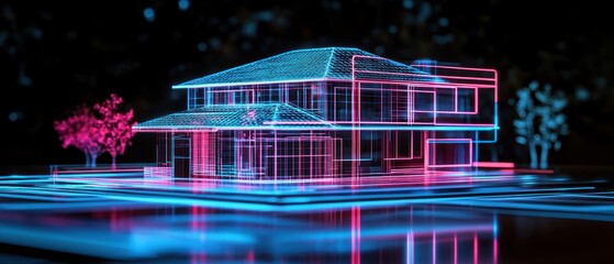 Poster - A holographic representation of a modern house with neon outlines and trees.