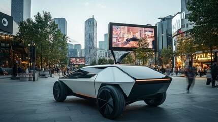 Poster - A sleek, futuristic electric vehicle is parked in a vibrant urban square filled with towering buildings.