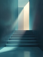 Poster - Soft light streams through an open doorway at the top of stairs, creating an inviting atmosphere in a minimalistic setting. Generative AI