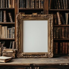 Poster - Ornate Gold Frame With Blank Canvas Before Old Bookshelves