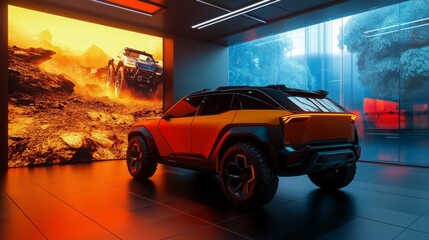 Aufkleber - A yellow SUV is parked in a showroom with a large screen behind it. The screen depicts a similar car driving through a desert landscape. The showroom is lit with a blue and orange glow.
