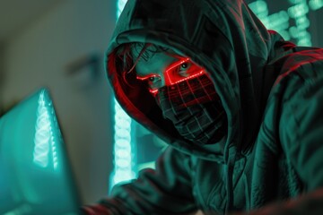 Poster - Futuristic silhouette of a young person surrounded by glowing digital interfaces at nighttime in an urban environment
