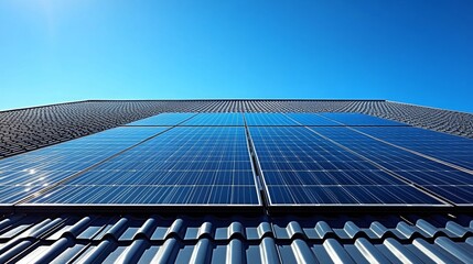 Poster - Solar panels are prominently positioned on a building's roof, capturing sunlight in a clear blue sky. This setup highlights the growing trend toward renewable energy and sustainability.