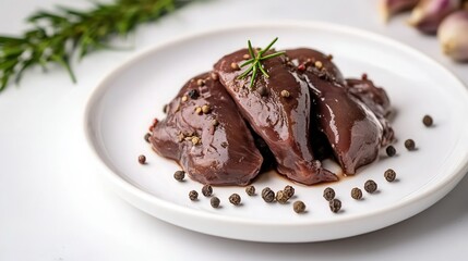 Canvas Print - Fresh raw chicken liver displayed on a white plate with peppercorns and herbs in a bright setting