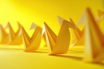 Poster - A series of yellow origami ducks are neatly lined up against a vibrant yellow backdrop, showcasing intricate folds and details. Generative AI