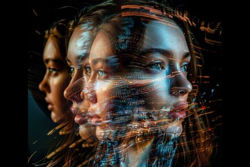 Poster - Captivating portrayal of a woman's face illuminated by digital light patterns showcasing the fusion of technology and art